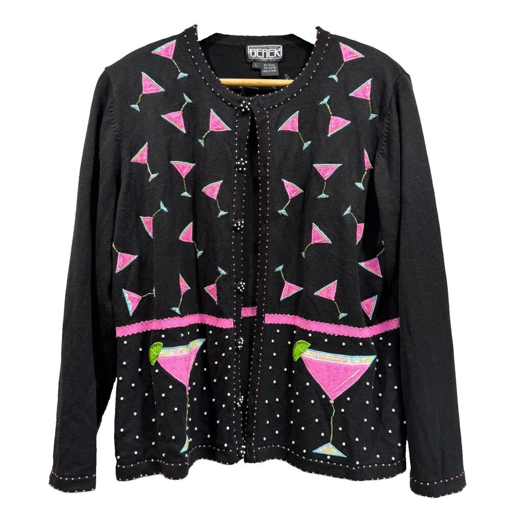 BEREK Womens L Button Front Sequined Beaded Martini Theme Cardigan Sweater Black